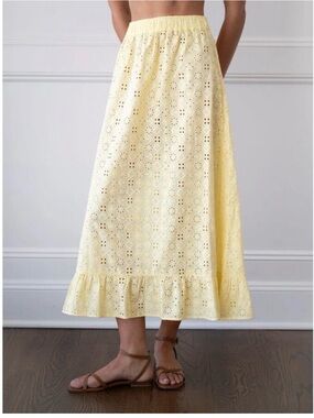 NWT LA MAREGOLD ISLA Light Yellow Eyelet Midi Skirt with Ruffle Hem
